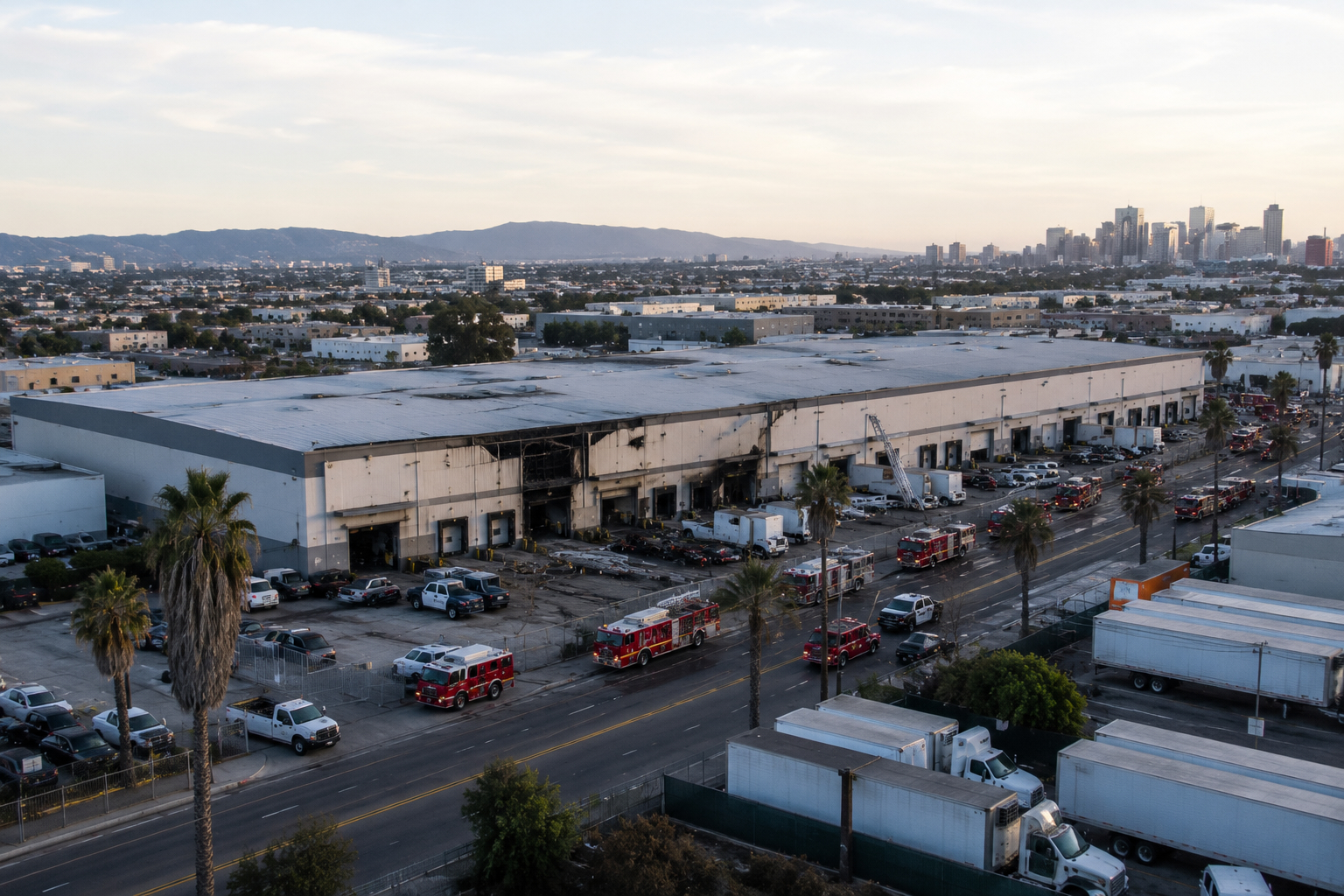 Aerial view of the 2026 Boyle Heights warehouse fire at the Lineage Logistics cold storage facility, with Los Angeles Fire Department trucks surrounding the burning structure as thick smoke rises